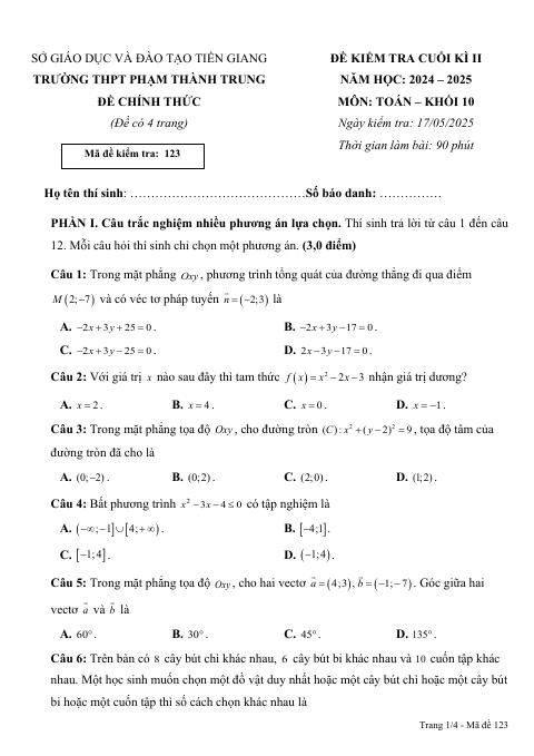 Đề thi Học kì 2 Toán 10 năm 2024-2025 trường THPT Phạm Thành Trung (Tiền Giang)